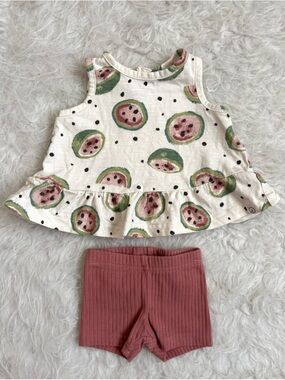 Little Planet Baby Watermelon Print Peplum Tank & Dusty Rose Ribbed Shorts Set
